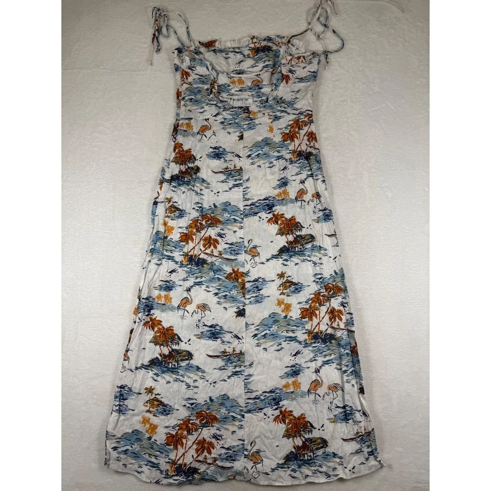 Free People Tropical Flamingo Hawaiian Print Maxi Dress White Blue‎ Size 6